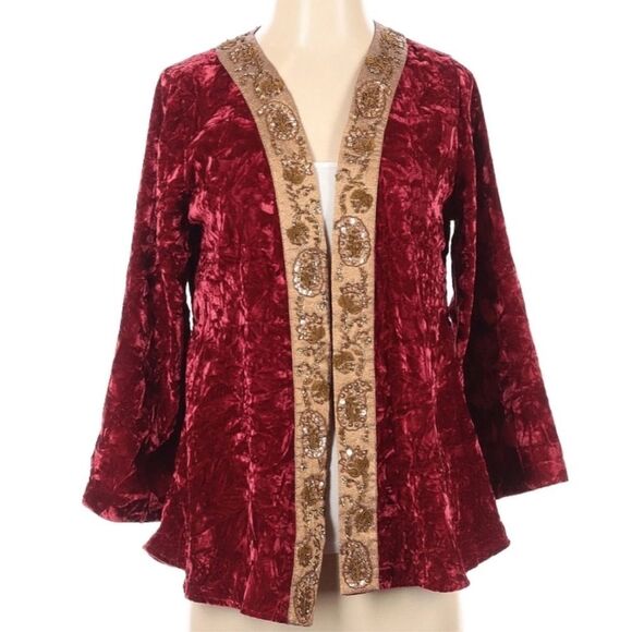 Soft Surroundings Crushed Velvet Gold Embroidered Jacket in Burgundy and Gold S - Picture 1 of 8